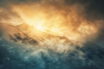 Photograph of the top part of a mountain range in fog with golden light shining through, with a dramatic sky, snow on the mountains, in an alpine setting, from a low angle shot