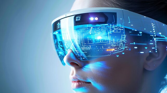 The image is of a woman wearing a pair of augmented reality glasses. The glasses are transparent, and we can see the woman's eyes through them.