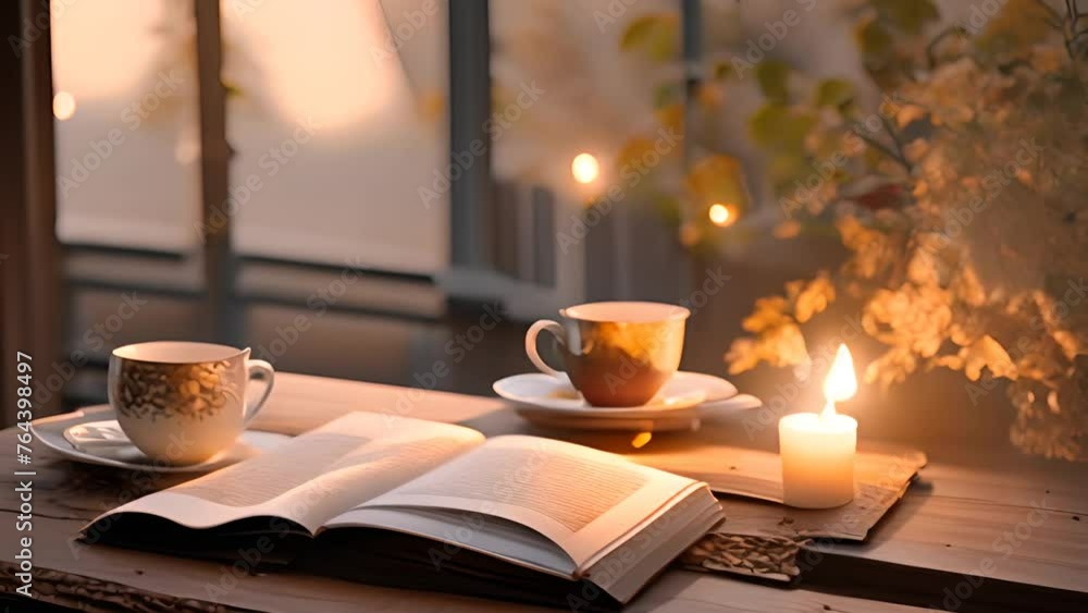 Poster table with book and two cups of coffee generative ai