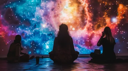 Deurstickers Three women are sitting on the floor in front of a large screen. The screen is displaying a colorful image of a nebula. © Perviz