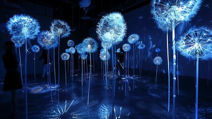 Glowing blue dandelions light up a dark room, creating a magical and surreal atmosphere. - Powered by Adobe