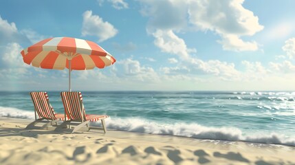beach background with umbrella and chair - obrazy, fototapety, plakaty