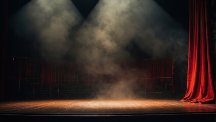 Theater stage light background with spotlight illuminated the stage for performance, Empty stage with red curtain, fog, smoke, backdrop decoration