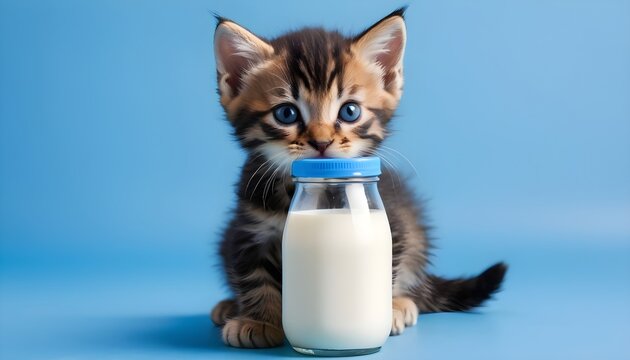 Little kitten British marble and bottle of milk on blue background