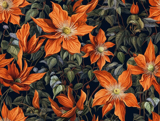 Seamless orange clematis flowers illustration pattern on black background, wedding wallpaper design. Generative ai