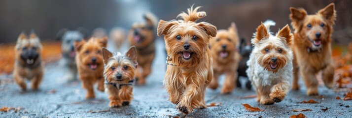 Expert dog walkers: Assorted breeds explore city park trails - obrazy, fototapety, plakaty