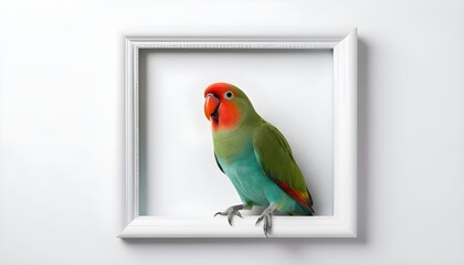 Curious turquoise Kakariki bird sitting in white photo frame, looking at camera. Isolated on white background.