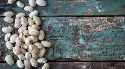 White beans arranged in large groups on a weathered wooden background. - obrazy, fototapety, plakaty