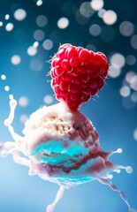 The perfect kiss of a raspberry and ice cream. Close up of   raspberry and ice cream touching. Concept of delicious, fresh, taste in pastel colors. pastel colors, blue bukeh background