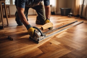 Construction workers repair and install new hardwood floor