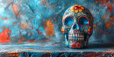 Decorative sugar skull with vibrant patterns against an abstract blue and orange textured backdrop, El Día de los Muertos traditions - obrazy, fototapety, plakaty