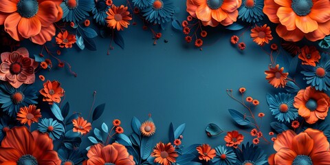 Vibrant orange and blue flowers artfully arranged on deep teal background El Día de los Muertos traditions lively botanical border