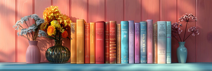 Colorful Books on a Shelf,
Wooden table background with beautiful arrangement of books and flower pots
