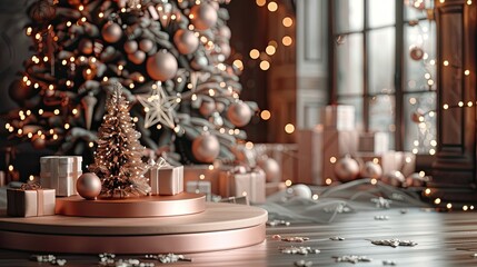 Fototapeta na wymiar Sparkling Christmas Display: Rose Gold Podium with Presents and Tree on Glittering Background - 3D Rendered Mockup for Product Showcase