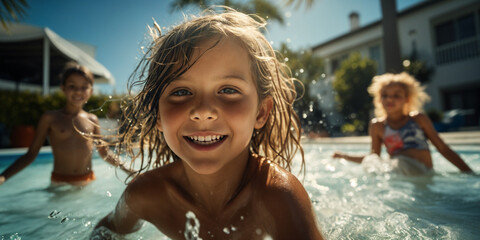 Closeup of a boy and two friends in the pool, 3 kids in the pool of a luxury home, splashing in the water, smiling, portrait, golden summer sun, blue, swimming, childhood. vacation holiday