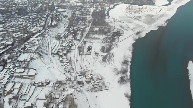 Aerial view of snow covered Skardu city in Pakistan..