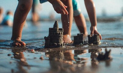 Children playing and building sandcastles, the incoming tide waves is washing the castles away. Water flows from the ocean. Themes of joy, fun, childhood, summer, kids, exploration, creativity, build - obrazy, fototapety, plakaty