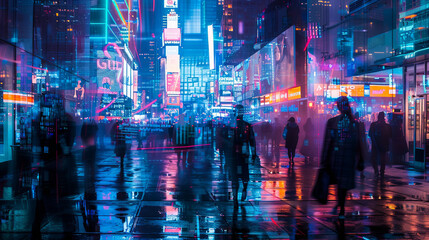 A dynamic and futuristic urban streetscape illuminated by vibrant neon lights, reflecting a bustling city life at night.
