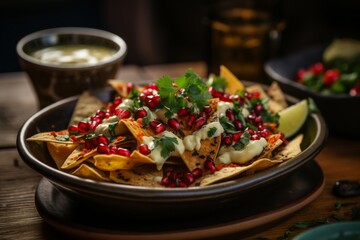 Exquisite capture of delicious details in gourmet food photography featuring savory cheese nachos - obrazy, fototapety, plakaty
