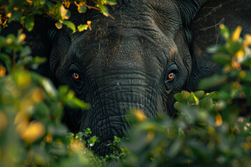 A majestic elephant concealed in dense jungle foliage, its soulful eyes peering through the leaves, evokes a sense of mystery and wilderness.