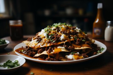 Gourmet food photography capturing intricate details of delectable cheese nachos