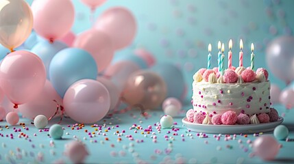 light pastel colored birthday background with a cake and candles on the right side of the image...
