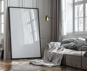 Black Frame Mockup Set in a Classic White Interior with Modern Furniture. Presented in 3D Render. Made with Generative AI Technology