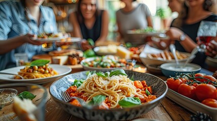 joyful group of pals enjoying pasta at a home gathering happy individuals sharing a meal lifestyle idea with friends and acquaintances commemorating turkey day vibrant edit  - obrazy, fototapety, plakaty