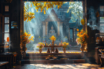 A tranquil Buddhist temple interior bathed in sunlight with a serene golden Buddha statue...