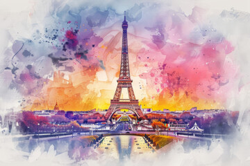 A vibrant watercolor art piece featuring the iconic Eiffel Tower with a colorful and abstract Paris background.