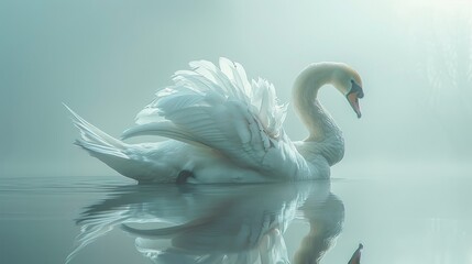 Obraz premium A solitary white swan with its feathers fluffed in a display of grace and elegance, reflected perfectly on the mirror-like surface of a misty lake at dawn.