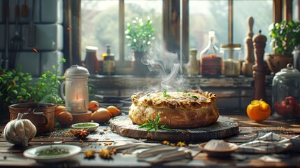 A savory pie with steam rising off, garnished with fresh herbs, sitting on a well-loved kitchen table surrounded by spices and vintage kitchenware.