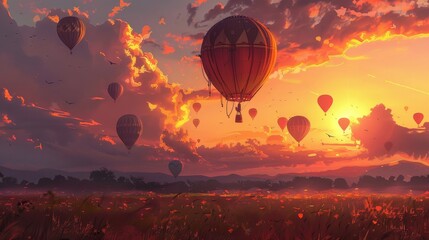 As the sun rises, colorful hot air balloons float dreamily over misty mountains, creating a serene and enchanting morning landscape.