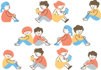 背中合わせで座る男の子と女の子のセット_色