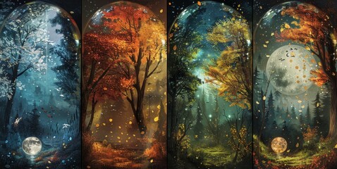 A captivating artwork of four glass domes, each encapsulating the distinct beauty of a forest in one of the four seasons—winter, autumn, summer, and spring.