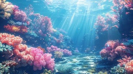 Dive into an underwater paradise, where a thriving coral reef is illuminated by shafts of sunlight filtering through the ocean's surface.