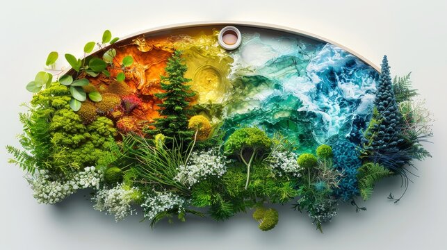 An artistic depiction of a painter's palette where each color blend represents different natural elements, from oceans to forests.