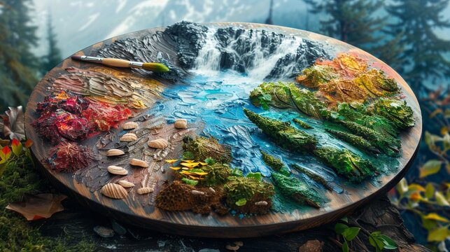 An artistic depiction of a painter's palette where each color blend represents different natural elements, from oceans to forests.