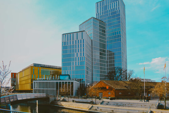 Modern scandinavian architecture buildings. View of Malmo Skyline and Hamnkanalen Canal - Malmhattan.