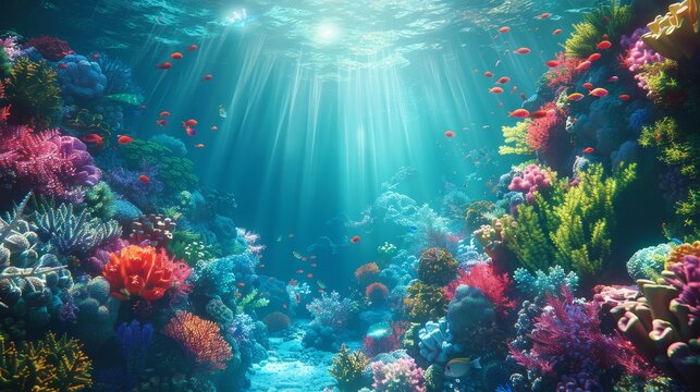 Dive into an underwater paradise, where a thriving coral reef is illuminated by shafts of sunlight filtering through the ocean's surface.