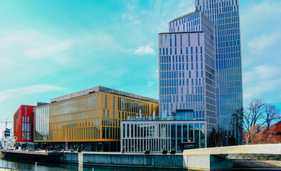Modern scandinavian architecture buildings. View of Malmo Skyline and Hamnkanalen Canal - Malmhattan.