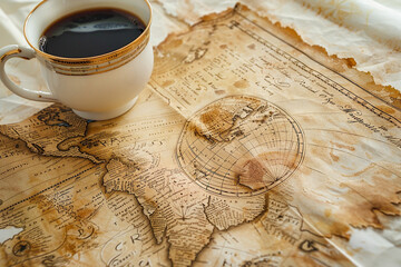 An old world explorer's map viewed through a magnifying glass, accompanied by a classic cup of coffee, evoking a sense of adventure and discovery.