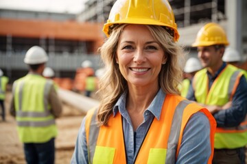Cheerful mature female architect wearing safety hat standing against construction building background - obrazy, fototapety, plakaty