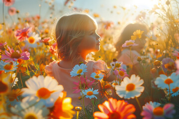 Child in Sunlit Field of Colorful Flowers