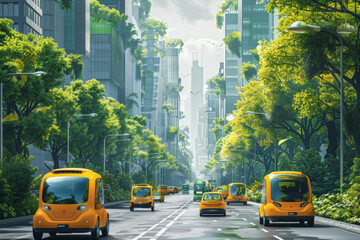 Fleet of self-driving electric cars smoothly navigating down a lush urban street, showcasing a harmonious blend of technology and green city planning.