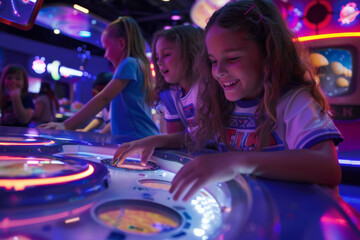 Joyful children engaging in a vibrant arcade game, showcasing the excitement and fun of interactive play.
