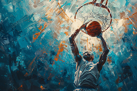 Artistic representation of an intense moment in basketball, capturing a slam dunk in a splatter of vibrant colors.