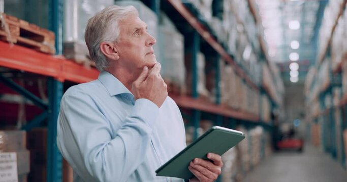 Tablet, reading and man in logistics warehouse checking information for order, stock or boxes. Thinking, research and senior male industry worker with digital technology in delivery storage room.