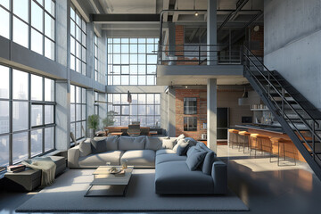 Loft style apartment, large spacious living room with high large windows AI Generative