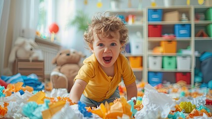 Chaos Unleashed: Playful Toddler Creates Havoc in a Messy Room, Tossing Objects and Ripping Paper in a Burst of Energy - obrazy, fototapety, plakaty